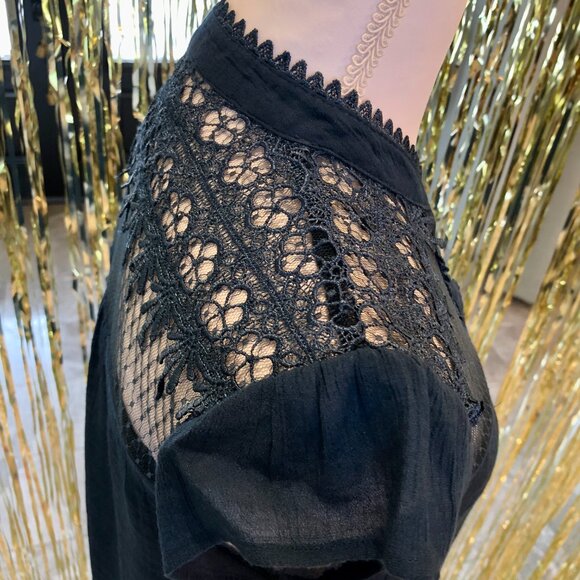 Blue Embroidered Blouse High Lace Collar V-neck Size Small Elegant Holidays - Picture 8 of 16